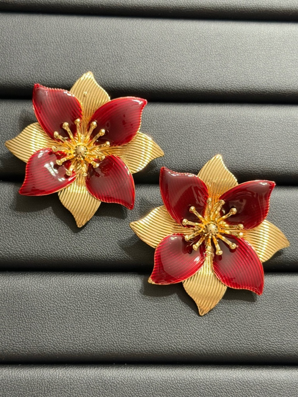 Vintage Golden Burgundy Exaggerated Double Layer Flower Earrings.